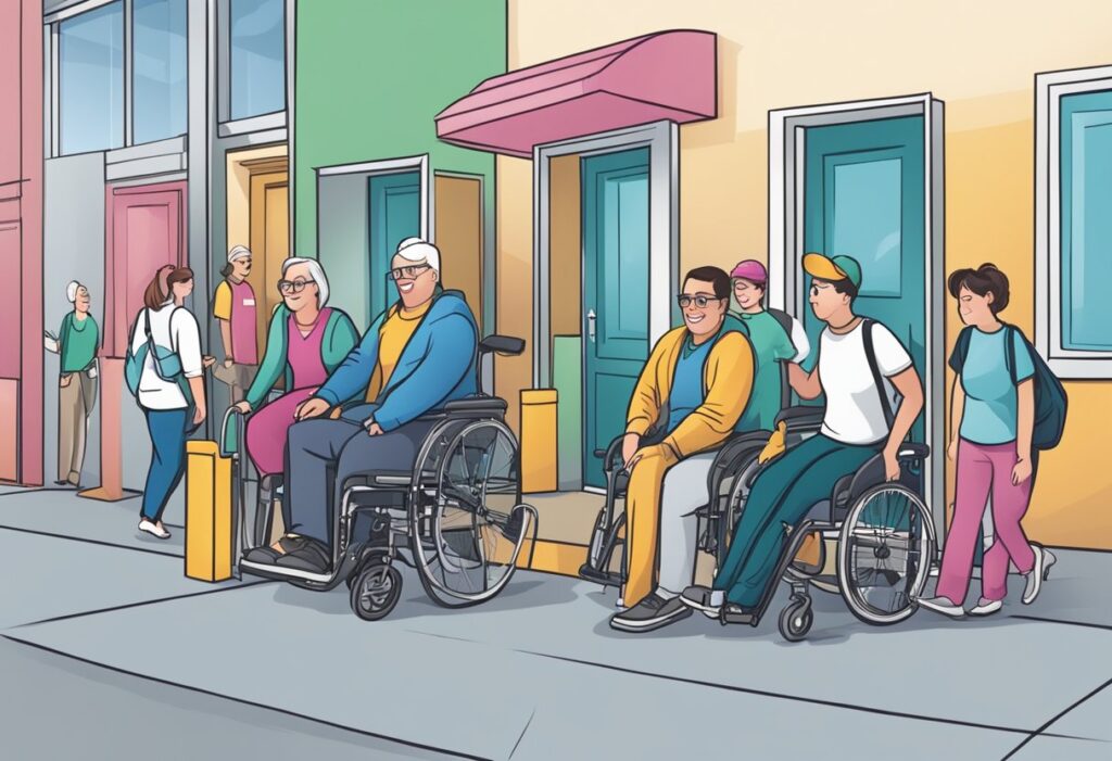 Decorative image of people in a wheelchair on the sidewalk