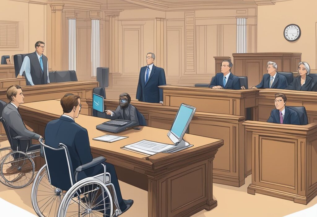 Decorative image of a courtroom with people in a weelchair